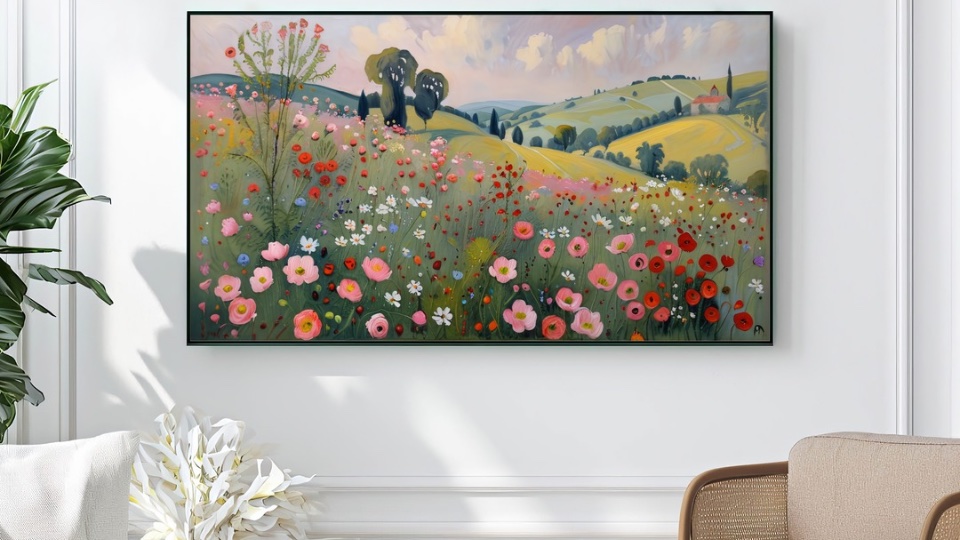 Side-by-side comparison of digital display and framed print in living room