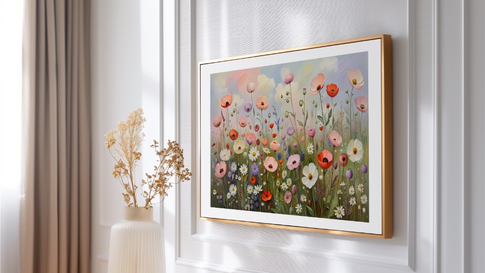 Samsung Frame TV with matte frame matching beige wall